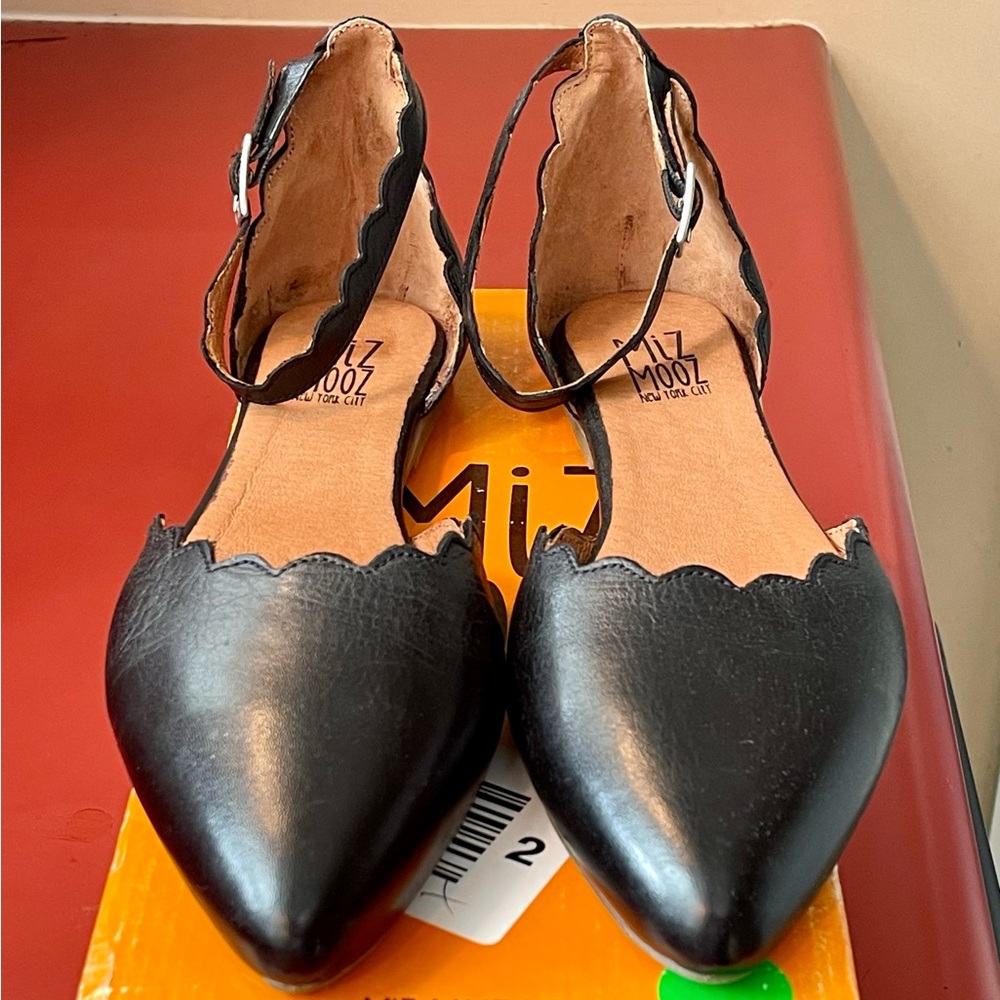 Miz Mooz Black Scalloped Pointed Toe Flats with Ankle Strap